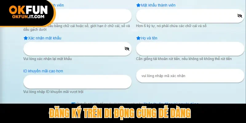 Đăng ký trên di động cũng dễ dàng