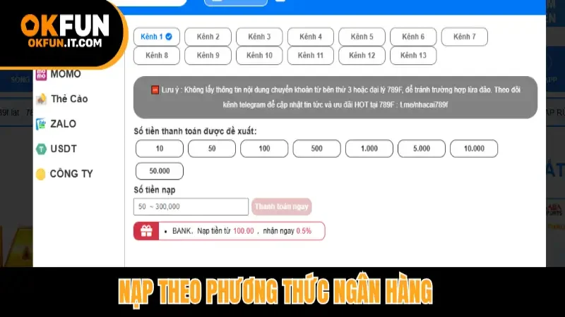 Nạp theo phương thức ngân hàng