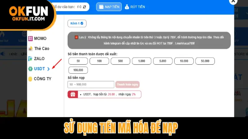 Sử dụng tiền mã hóa để nạp